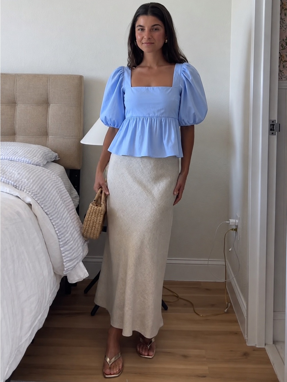 Abercrombie & Fitch Blue Square-Neck Puff Sleeve Peplum Top XS Coastal Romantic